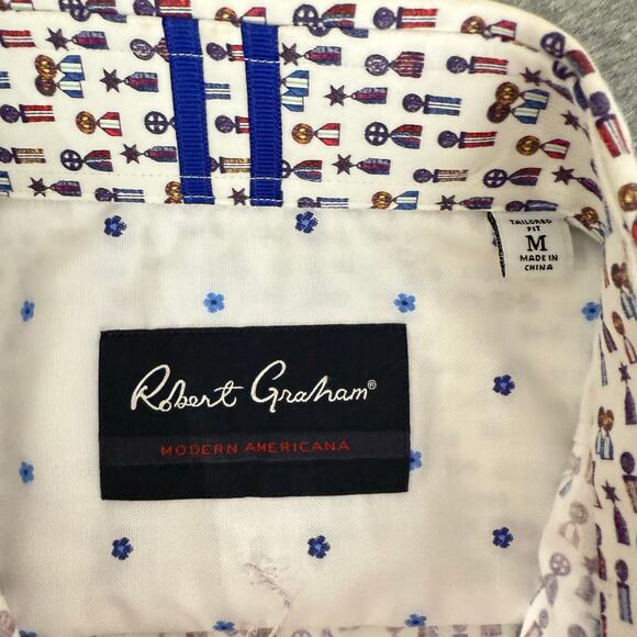 Robert Graham Woven Button Front Short Sleeve Shirt Medals Print on White M - Picture 5 of 9
